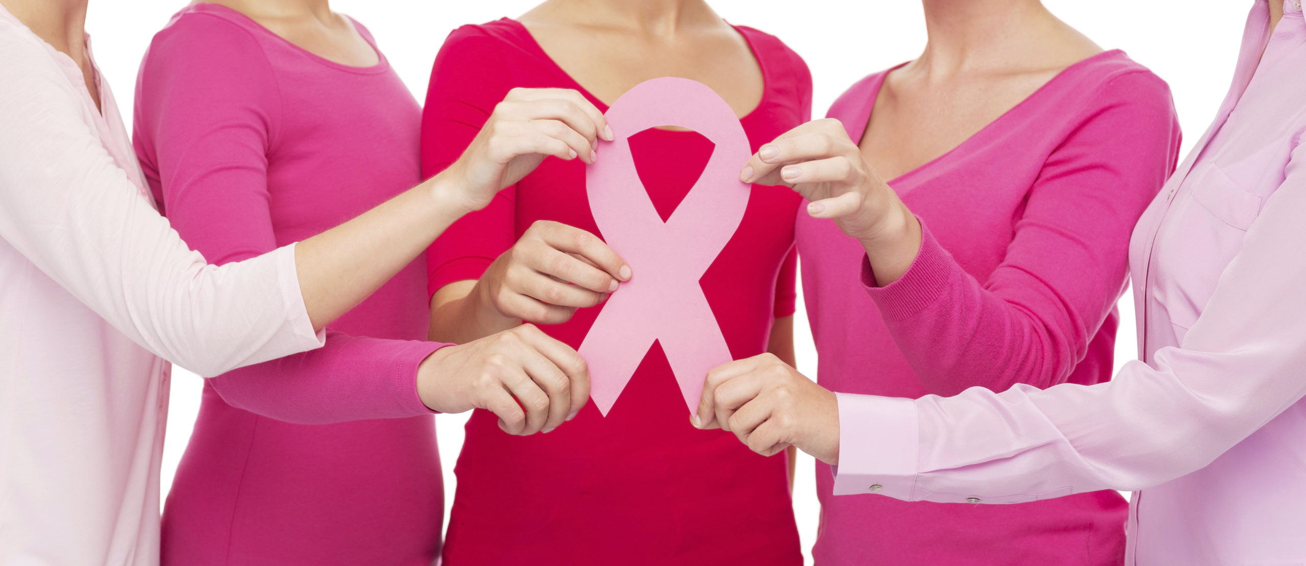Women with pink breast cancer awareness ribbon supporting awareness of breast cancer.