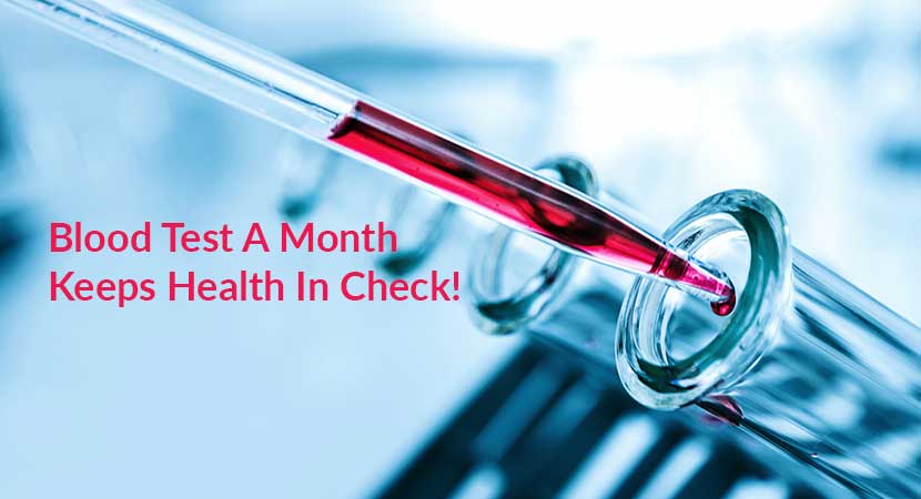 The banner image for a blood test with the text 'Blood test a month keeps health in check'