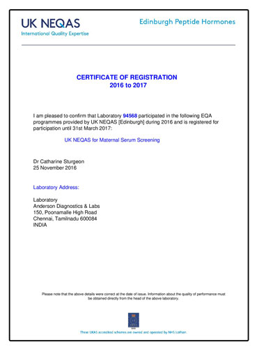Certificate of Registration from UK NEQAS 2016-17.