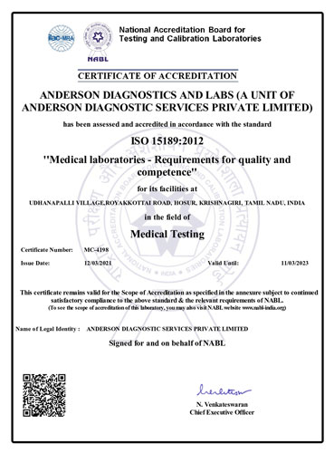 National Accreditation Board for Testing and Calibration Laboratories certificate for Medical Testing