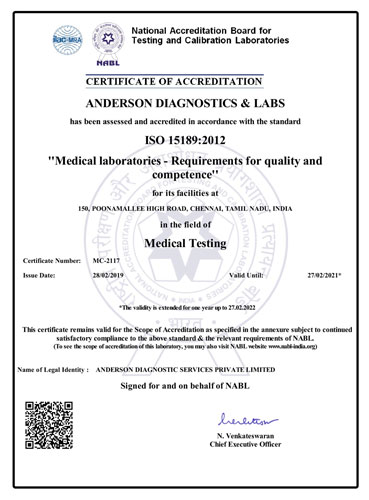 National Accreditation Board for Testing and Calibration Laboratories certificate for quality issued for Anderson Diagnostics