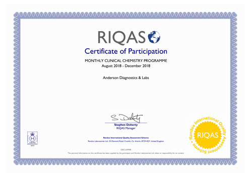 Certificate from RIQAS.