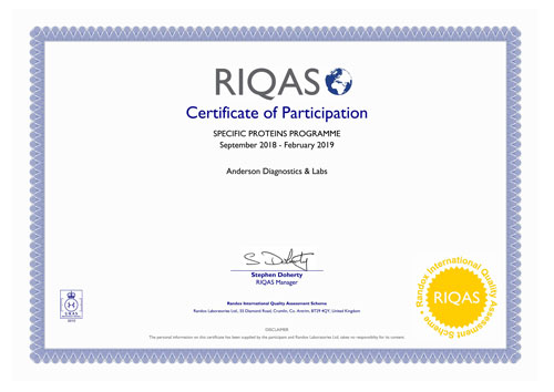 Certificate from RIQAS Specific Proteins Program.