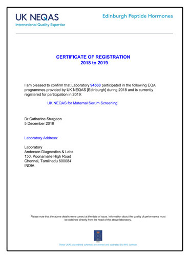 Certificate of Registration from UK NEQAS.