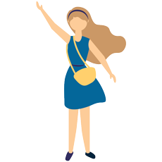 Vector illustration of a lady wearing a blue dress with yellow handbag raising her right hand under the black background