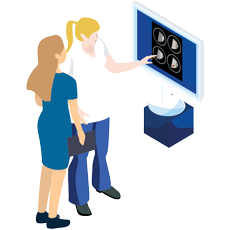 Female Technician explaining by pointing the radio imaging of mammogram test to a female patient
