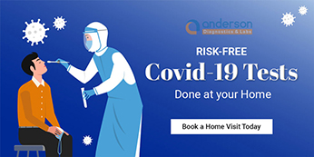 A person taking a COVIDSwab test at home. A description says Risk-free covid -19 test done by Anderson diagnostics at home