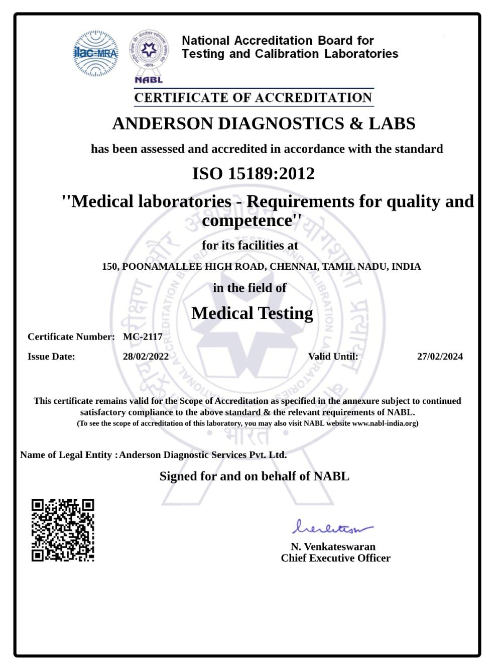 Image of NABL Accreditation Certificate.