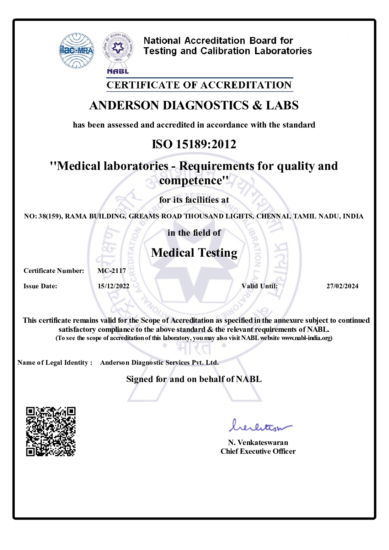 certificate for providing diagnostics services in medical imaging and clinical laboratory