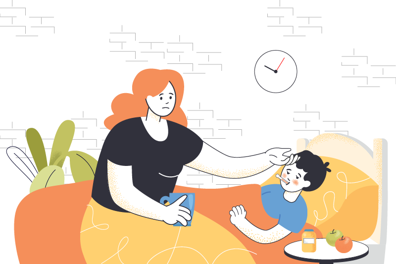 A vector image of a mother monitoring the body temperature of the child illustrates Fever Panel Testing.