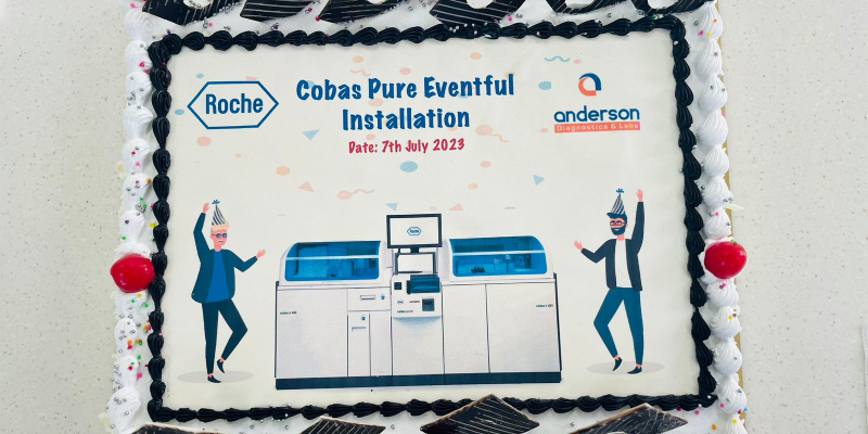 A decorated cake on the occasion of the inauguration of Cobas (C303 and E402) pure integrated solutions.