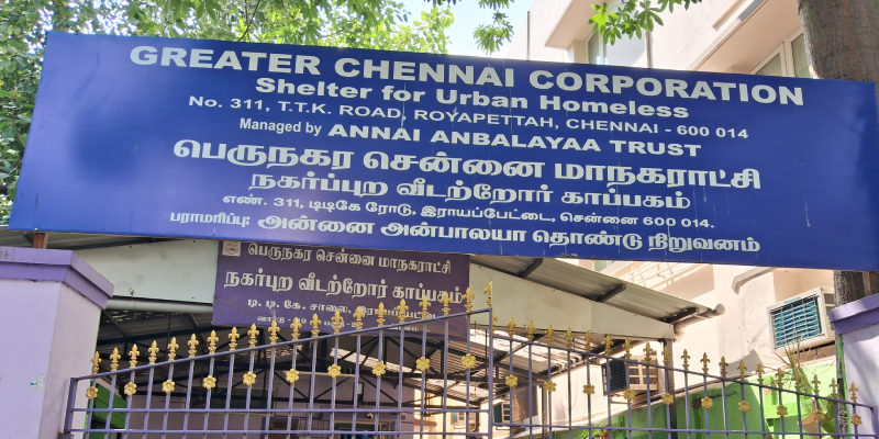 The name board of the Greater Chennai Corporation Shelter for Homeless.
