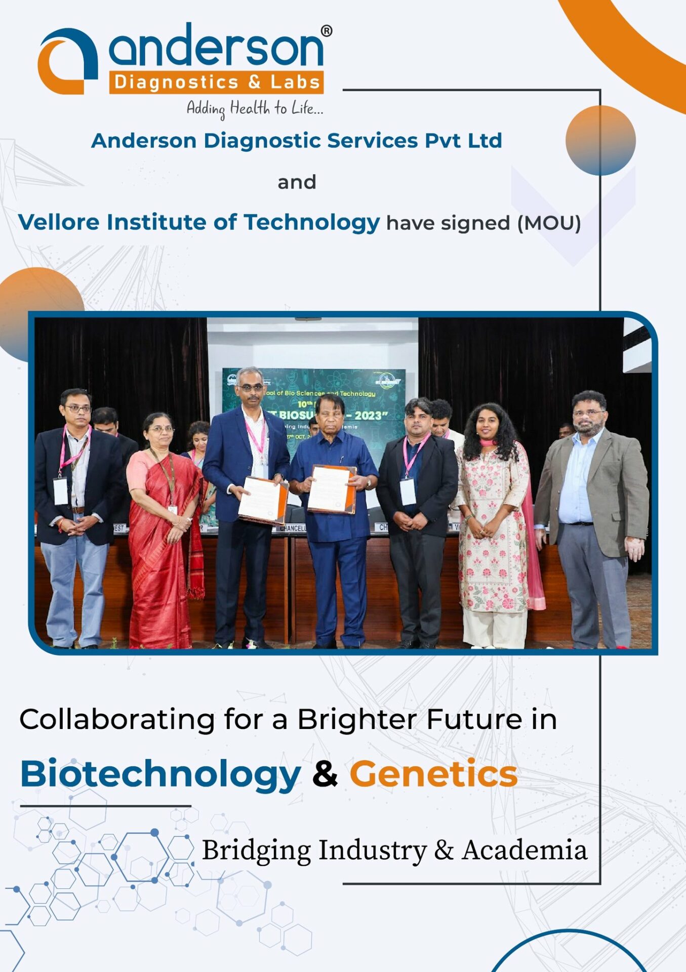 A photo shot at the signing of an official Memorandum of Understanding (MOU) between Anderson Diagnostic Services Pvt Ltd and the Vellore Institute of technology.