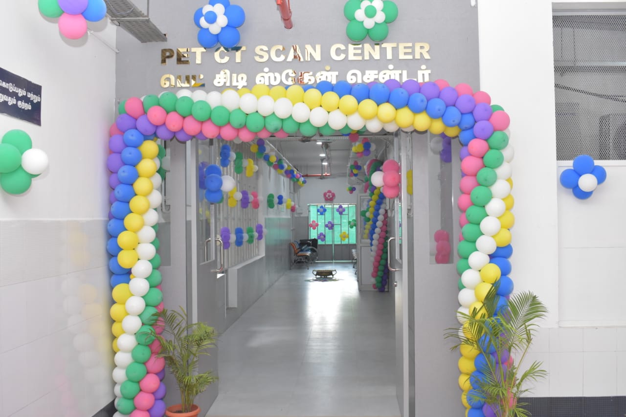 The decorated entrance of the PET CT scan center at Coimbatore Medical College Hospital.