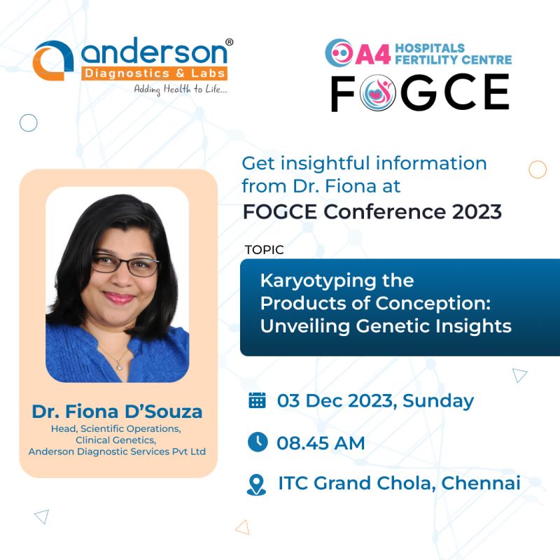 An e-invite for a talk by Dr. Fiona at FOGCE Conference 2023, focusing on 'Karyotyping the Products of Conception: Unveiling Genetic Insights.'